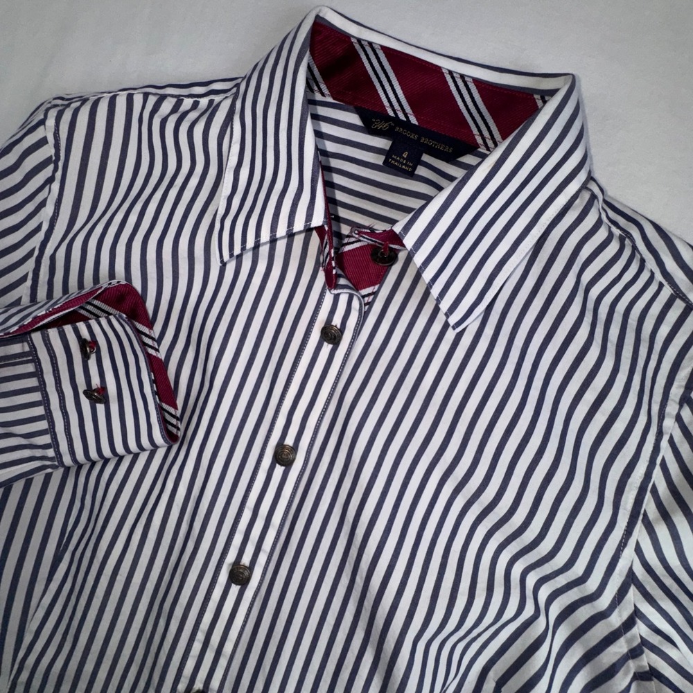 Brooks Brothers Button Up Shirt Womens 4 Blue White Striped Contrast Trim Preppy